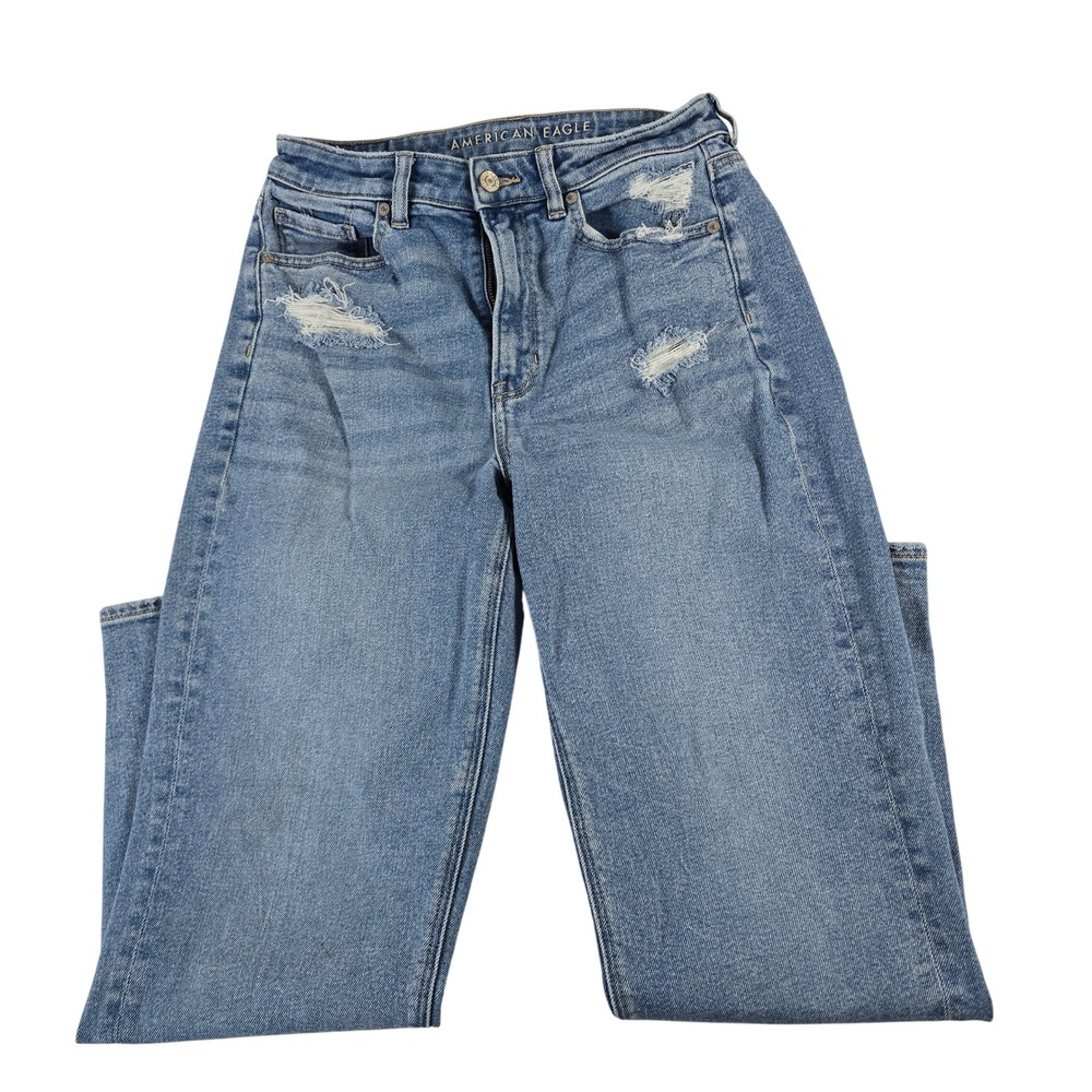 American Eagle‎ Mom Straight Jeans Womens 8 Medium Wash Distressed Stretch Denim
